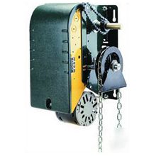 A black and yellow box with chains hanging from it.